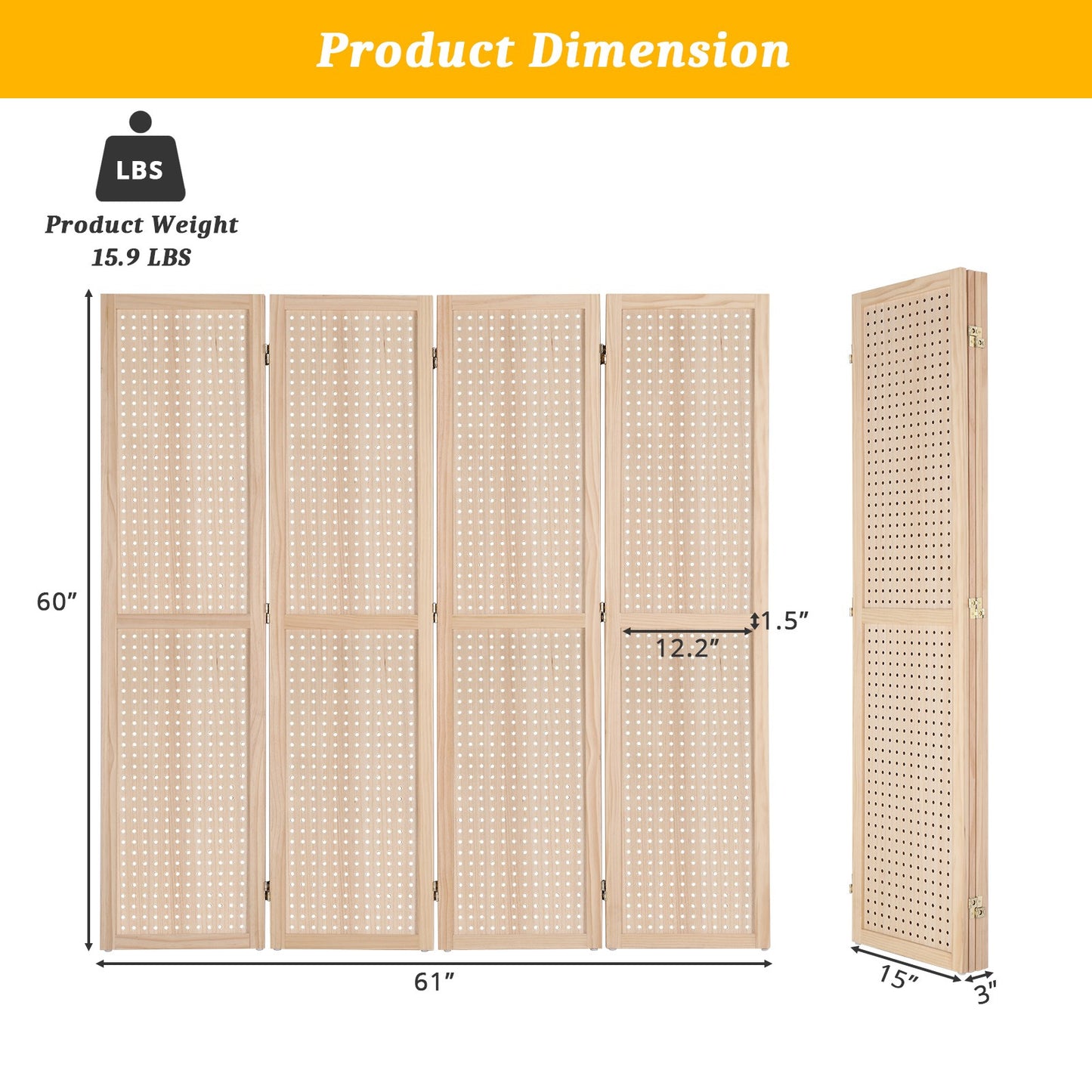 VINGLI Freestanding Pegboard with Support Feet, 5 FT Wood Room Divider Display Board Organizer, Folding Privacy Screen Partition Space Separator for Craft Shows Events Retail
