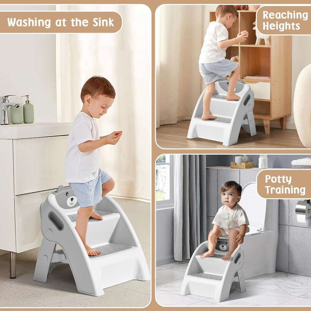 Foldable 2-Step Kids Step Stool with Handle & Non-Slip Design, Toddler Step Stool for Bathroom Sink Kitchen Bedroom Counter, Lightweight Portable Child Safety Stool