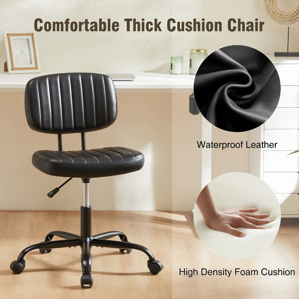 Armless Small Desk Chair with Memory Foam Seat – PU Leather Rolling Task Chair with Low Back Lumbar Support for Vanity, Bedroom, Living Room & Study, Brown, Beige, Black