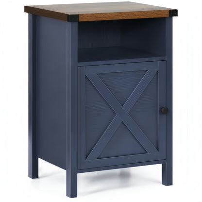 Farmhouse Nightstand with Barn Door & Shelf, Rustic Modern Bedside Table End Table for Bedroom Living Room Entryway, 23.7"x15.8" – Set of 1 or 2, Navy Blue Grey White Oak Black