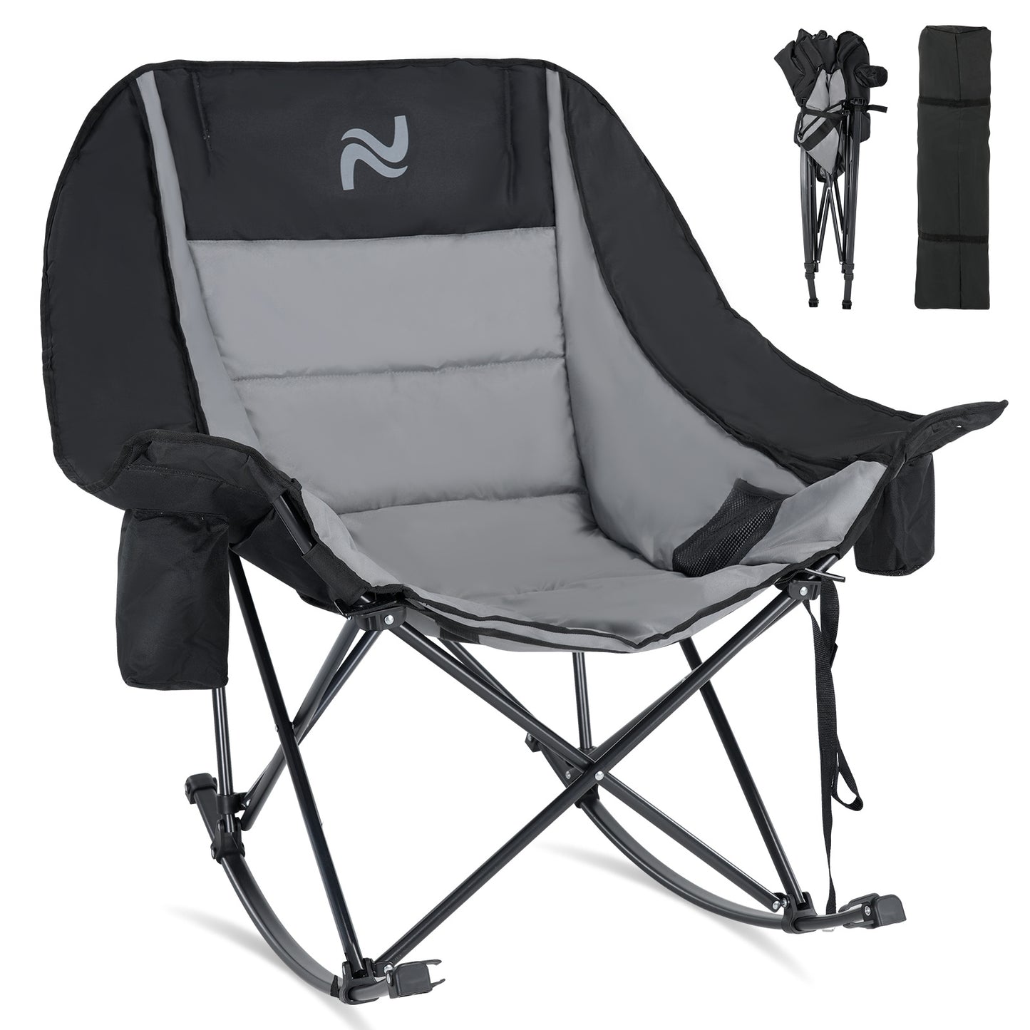 Oversized Rocking Camping Chair, Fully Padded Patio Chair with Cooler Bag and Side Pocket, High Back Portable Lawn Recliner Rocker Chairs for Camp, Patio, Supports 400 lbs