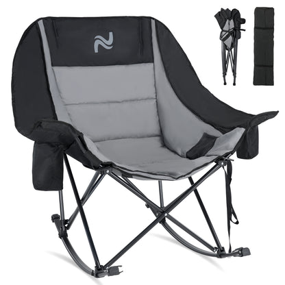 Oversized Rocking Camping Chair, Fully Padded Patio Chair with Cooler Bag and Side Pocket, High Back Portable Lawn Recliner Rocker Chairs for Camp, Patio, Supports 400 lbs