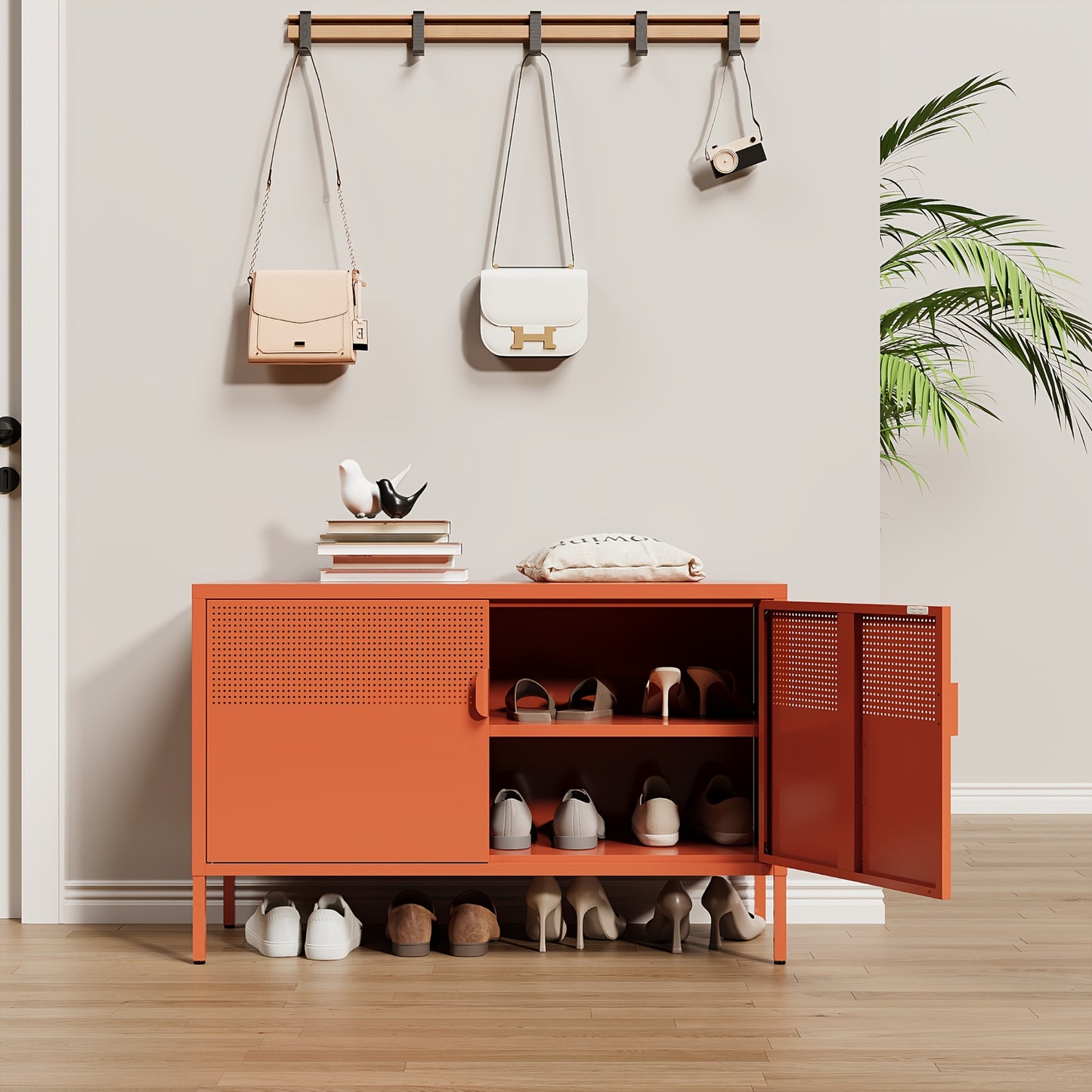 Two-Door Metal Storage Cabinet Featuring Adjustable Shelves - A Versatile 2-Tier Accent Cabinet Suitable for Home Office, Kitchen, Or Garage | Industrial Farmhouse Style Steel Cabinets