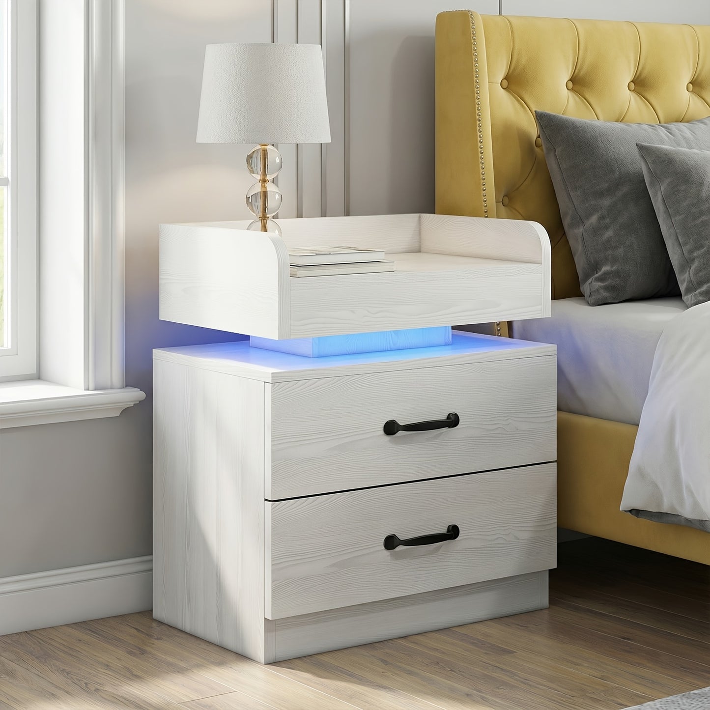 Nightstand with LED Lights & Charging Station – 2 Drawers Bedside Table, Modern End Table for Bedroom Living Room, White Black Grey, 1pc or 2pcs Set