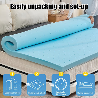 Cooling Gel Memory Foam Mattress Topper, Breathable Gel Premium Memory Foam Mattress, Fits All Mattresses, Ventilated Soft Breathable Mattress, Available In 1.5", 2", 3", And 4" Thicknesses, Multiple Sizes To Suit Different Needs, Blue
