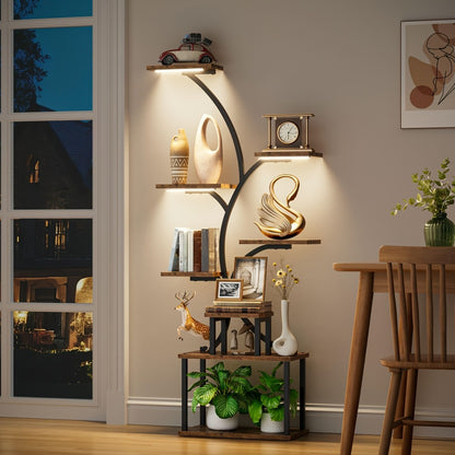 LED Corner Display Stand Bookcase 8-Tier 62" Tree Shaped Plant Shelf Metal Shelving Unit for Living Room Bedroom Study Balcony Home Decor Gift