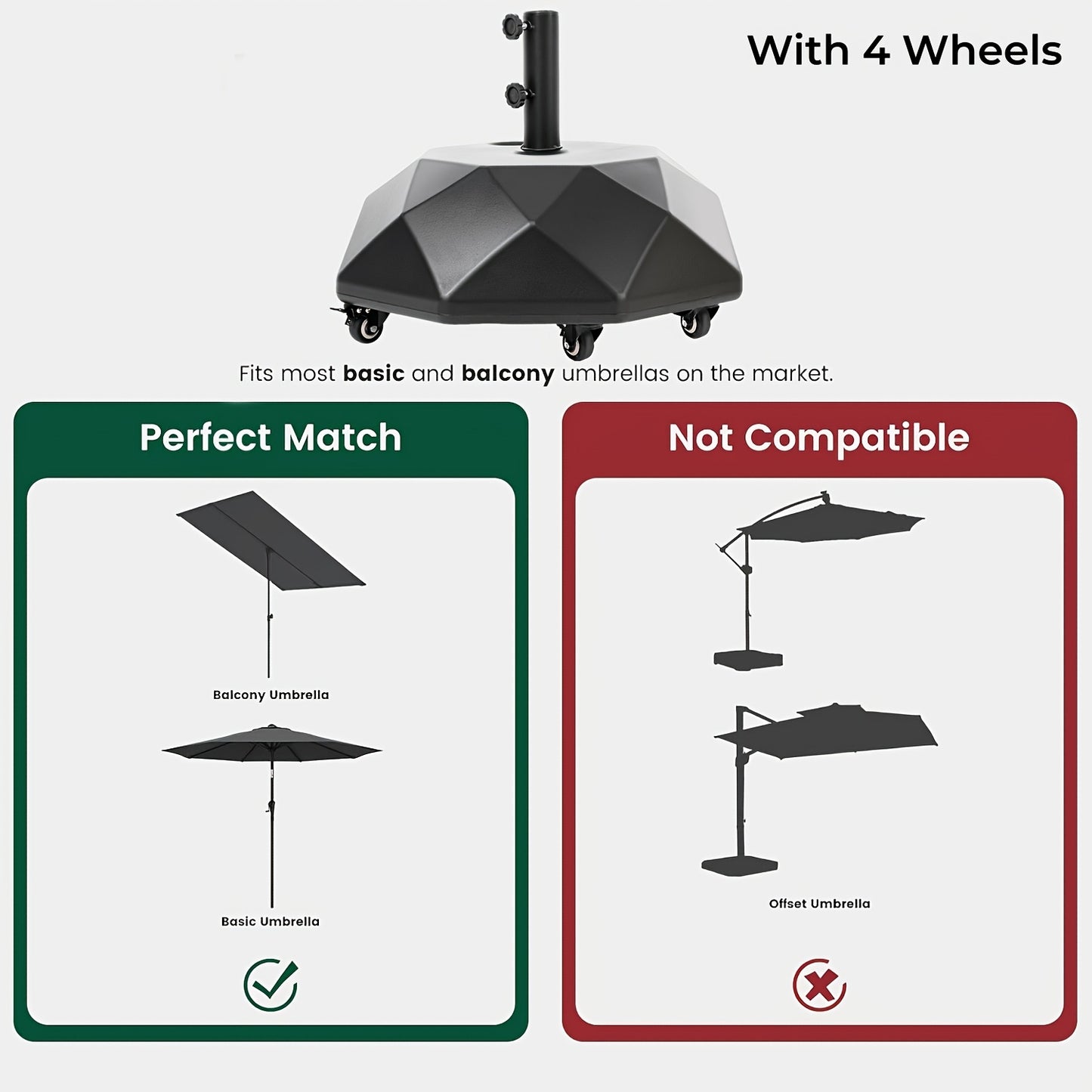 95/225lbs Patio Umbrella Stand Base with Wheels, Heavy Duty Rolling Weights, Outdoor Market Umbrella Base with 4 Wheels, 2 Locks, Refillable High-Density HDPE Material Umbrella Weights, for Lawn, Garden, Deck, Poolside