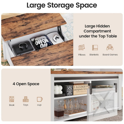 Square Lift Top Coffee Table with Hidden Storage – Farmhouse Design, Gas Strut Lift, Adjustable Shelves, 4 Open Compartments, Black/White/Grey/Blue