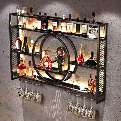 Bottle Rack with LED Lighting, Wall Mounted Glass Holder, 3-Tier Drink Storage Shelf, Floating Wall Display Rack, Iron Beverage Shelf with Glass Holder for Kitchen, Living Room, Bar Area -Golden/Black, Kitchen Organization, Modern Wine Shelf, Highquality