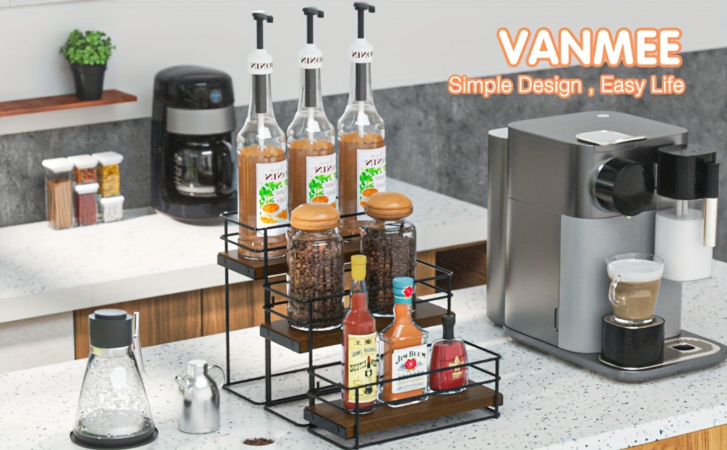 3-Tier Bottle Organizer Rack for Coffee Bar - Countertop Syrup Holder, Liquor Display Stand, No Assembly Required, Kitchen Storage Shelf