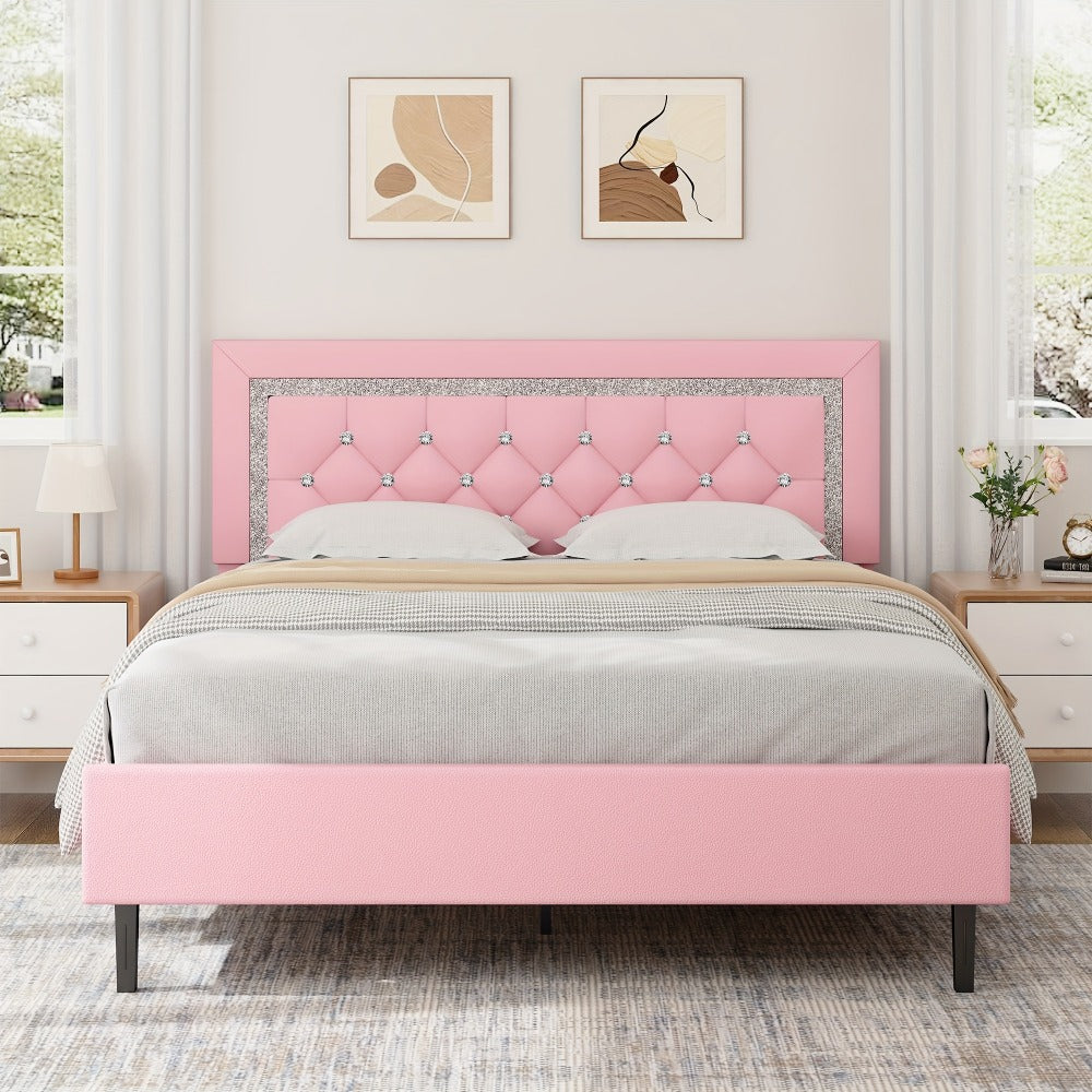 Princess Bed Frame with Diamond Tufted Headboard Twin Full Queen Soft PU Leather Wood Slats 900 lbs Capacity Easy Assembly Bedroom Furniture Pink White Black