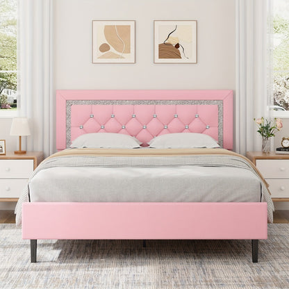 Princess Bed Frame with Diamond Tufted Headboard Twin Full Queen Soft PU Leather Wood Slats 900 lbs Capacity Easy Assembly Bedroom Furniture Pink White Black