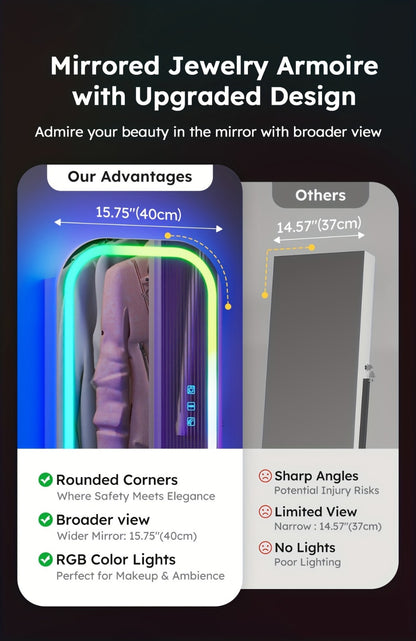 LED Jewelry Cabinet with Mirror Lockable Arched Floor Standing or Wall Hanging Jewelry Organizer for Necklaces Rings Earrings – USB Powered RGB Lights, White