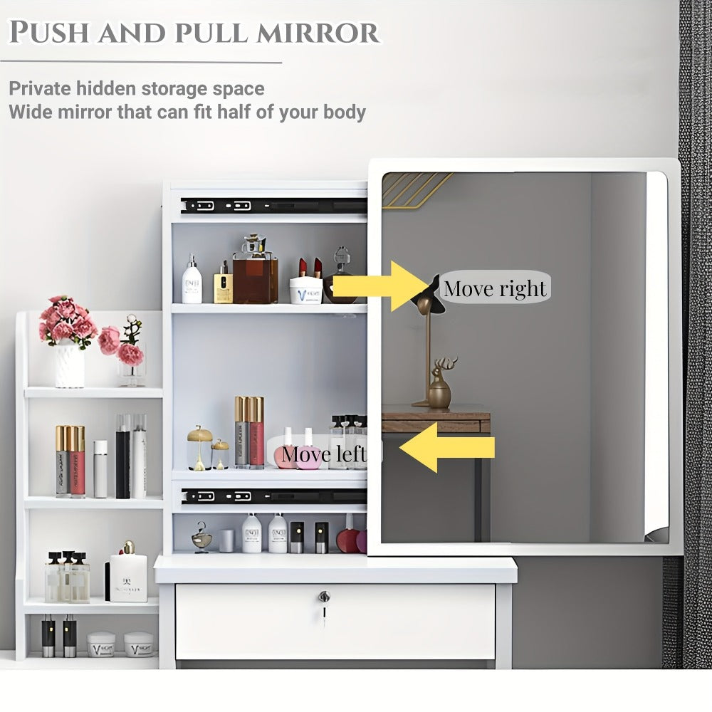 Vanity Dressing Table with Sliding Mirror & Cushioned Stool | 4 Drawers, 3 Shelves, Mirror Cabinet, White Bedroom Makeup Desk for Small Spaces