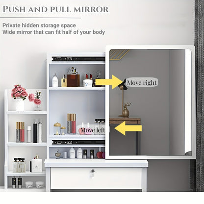 Vanity Dressing Table with Sliding Mirror & Cushioned Stool | 4 Drawers, 3 Shelves, Mirror Cabinet, White Bedroom Makeup Desk for Small Spaces