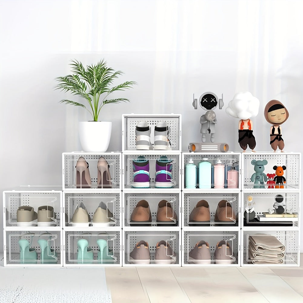 Clear Stackable Shoe Boxes with Lids 6, 12 or 24 Pack, Plastic Shoe Storage Organizer for Closet Sneaker Display, Modular Space Saving Shoe Containers, Black White