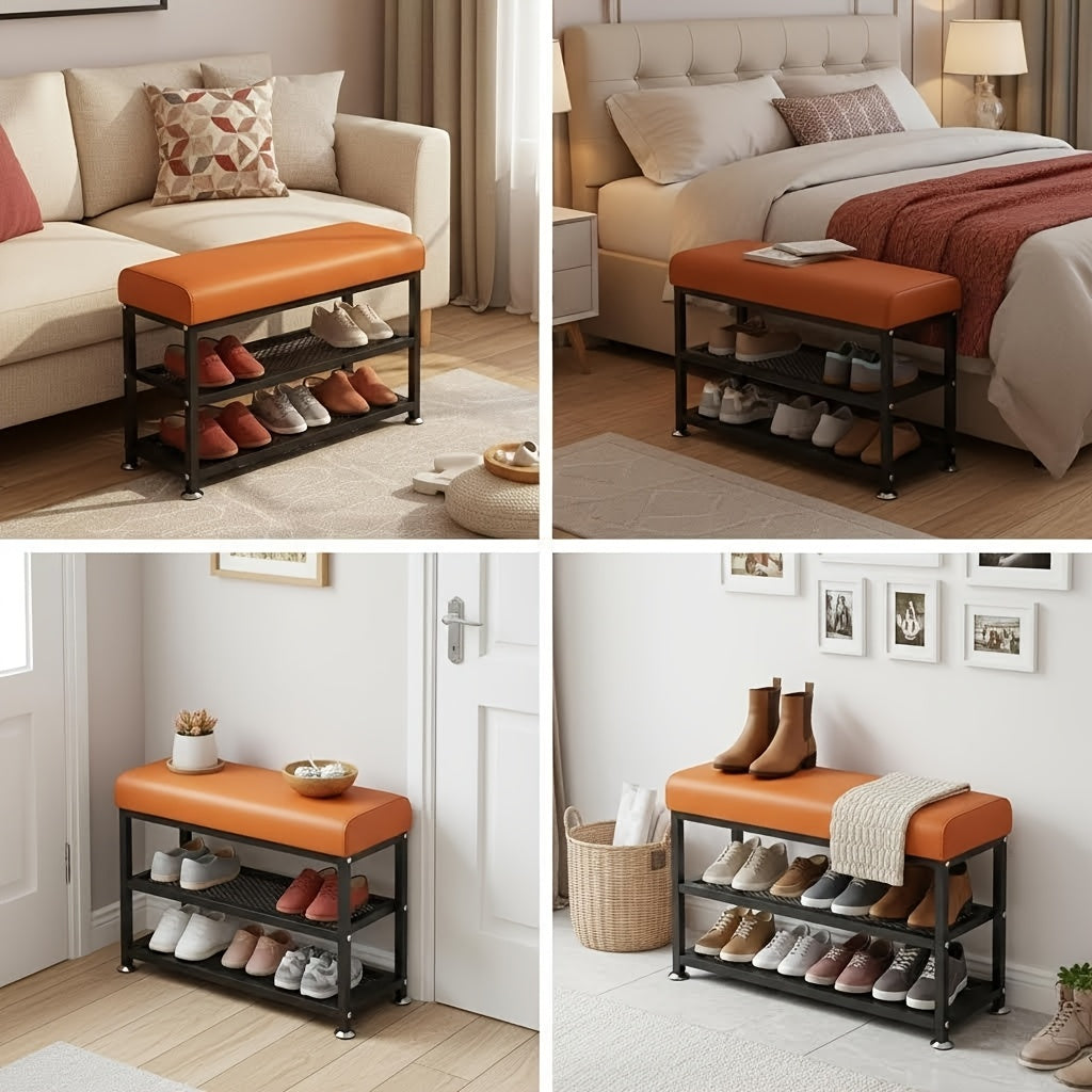Modern Entrance Passage Shoe Changing Stool, Shoe Rack with Soft Cushion Shoe Storage Organizer, Easy to Install Metal Frame - Ideal Choice for Bedroom Or Foyer. Multi-Compartment Design, Space-Saving Entrance Channel Storage Rack