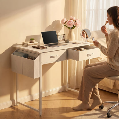 [Makeup Vanity Desk] 32" Small Makeup Vanity Desk with Storage Drawers And Side Bag, Compact Bedroom Dressing Table with Hair Dryer Hook, Modern Study Writing Desk for Small Spaces