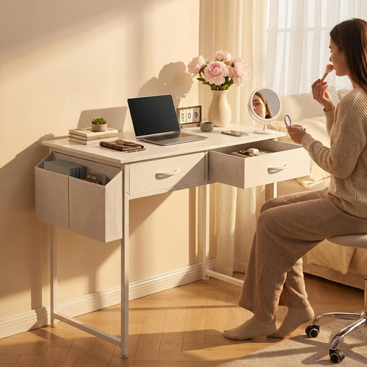 [Makeup Vanity Desk] 32" Small Makeup Vanity Desk with Storage Drawers And Side Bag, Compact Bedroom Dressing Table with Hair Dryer Hook, Modern Study Writing Desk for Small Spaces