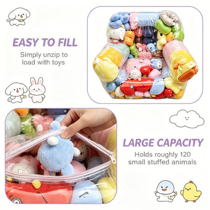 Large Capacity Transparent PVC Plush Toy Storage Sofa - Stuffed Animal and Doll Organizer for Toy Room and Playroom Easy Clean Durable