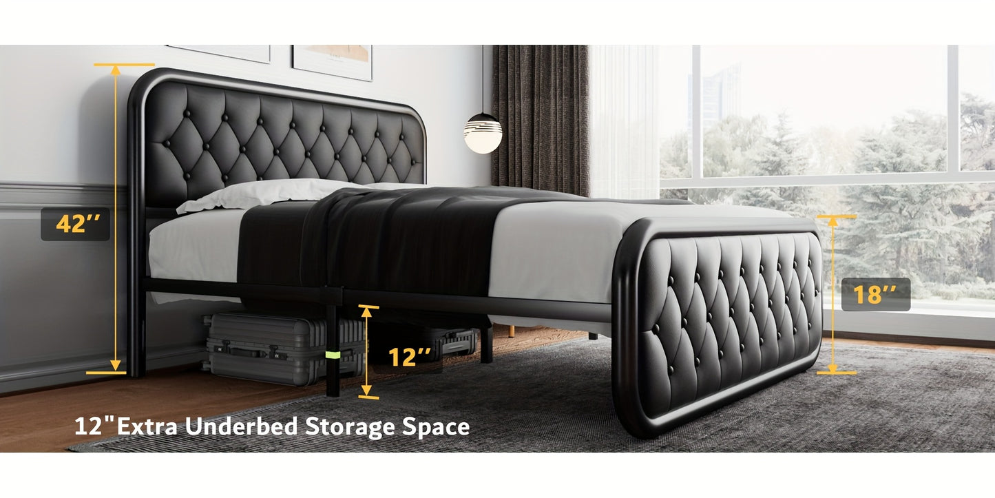 Valnase Metal Bed Frame, Platform Bed Frame with Faux Leather Headboard, Heavy-Duty Thicker Metal Steel Slats Support, 12'' Under-Bed Space, Easy Assembly