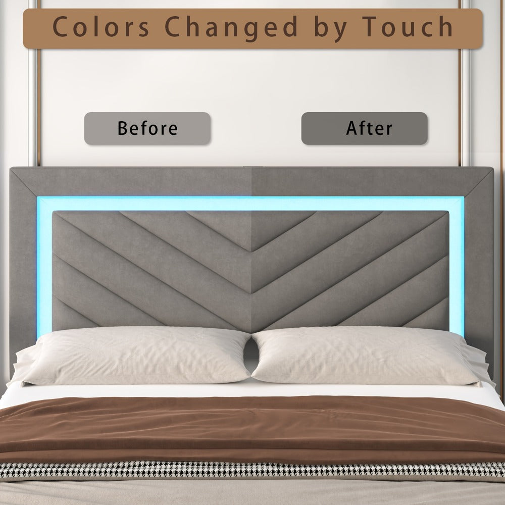 Upholstered Platform Bed Frame with LED Adjustable Headboard, Storage Drawers and Charging Station, No Box Spring Needed, Noise Free, Twin Full Queen, Off White Grey