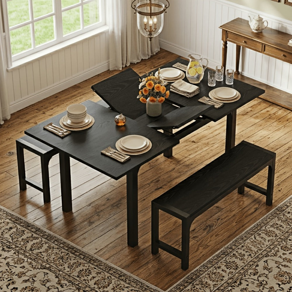 Expandable Dining Table Set for 4 with Chairs, Black Wood Kitchen Table & Chair Set, Modern Space-Saving Dining Room Furniture for Home Apartment
