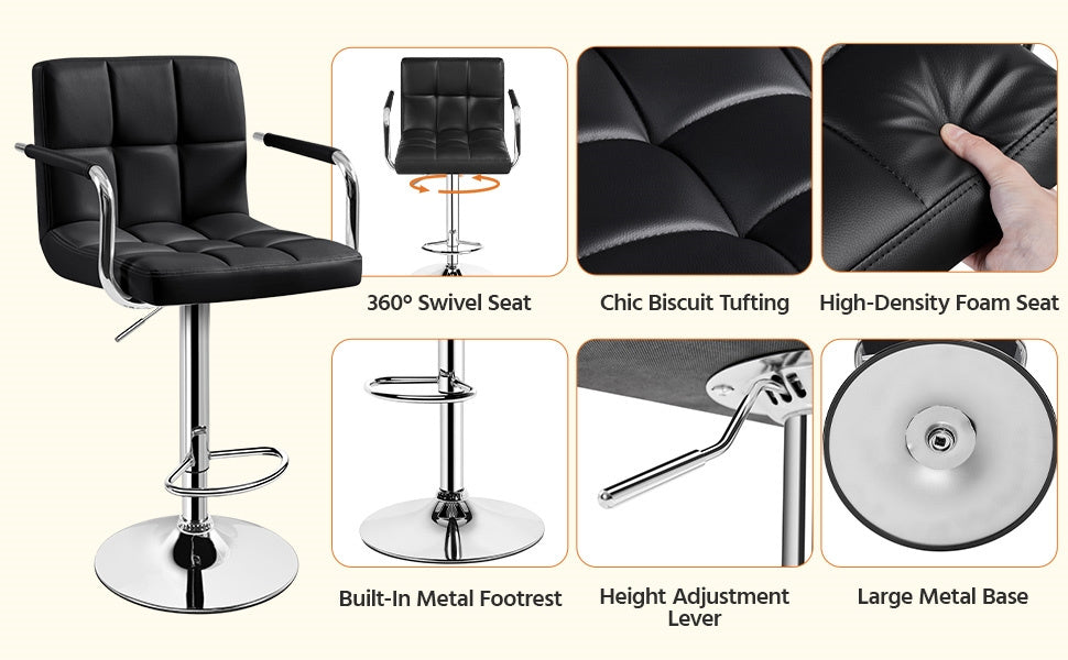 Costoffs 2pcs PU Leather Bar Stools Adjustable Swivel Stools Kitchen Chairs with Large Steel Base, Backrests & Footrest for Dining Room, Kitchen Island, Home Bar Counter, Christmas Gift