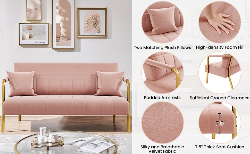 Costoffs Velvet Fabric Sofa Couch, 56.5″ W Modern Loveseat Couch with Gold-tone Metal Arms, Legs & 2 Pillows, Sofa for Living Room, Bedroom Furniture