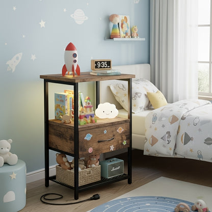 1/2 Bedside Table with Charging Station, LED, and Drawer, PU-finished Nightstand, Suitable for Bedroom, Bedside Table, Bathroom, Black/rustic Brown/white