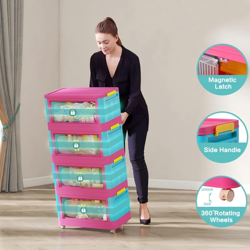 Foldable Rolling Storage Organizer 4 & 5 Tier with 360° Wheels & Magnetic Closure – Waterproof PP Stackable Shelf for Living Room, Bedroom, Kitchen & Office