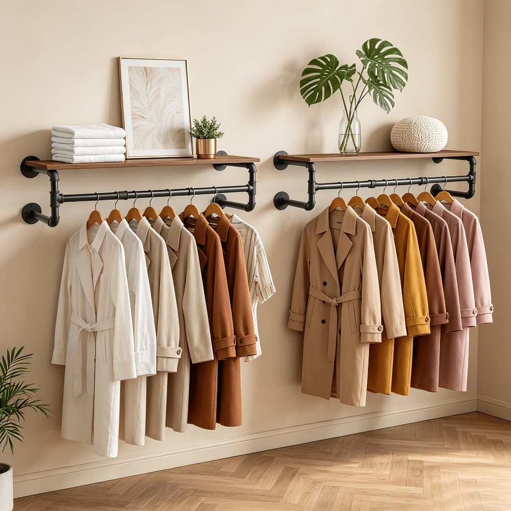 Wall Mounted Industrial Pipe Clothes Rack with Top Wood Shelf and 3 Hooks 66 Lb Capacity Heavy Duty Garment Rack for Bedroom Closet Entryway 39.3 Inch