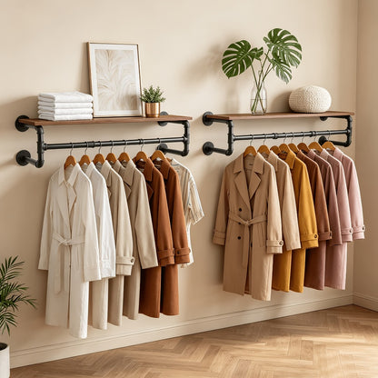 Wall Mounted Industrial Pipe Clothes Rack with Top Wood Shelf and 3 Hooks 66 Lb Capacity Heavy Duty Garment Rack for Bedroom Closet Entryway 39.3 Inch