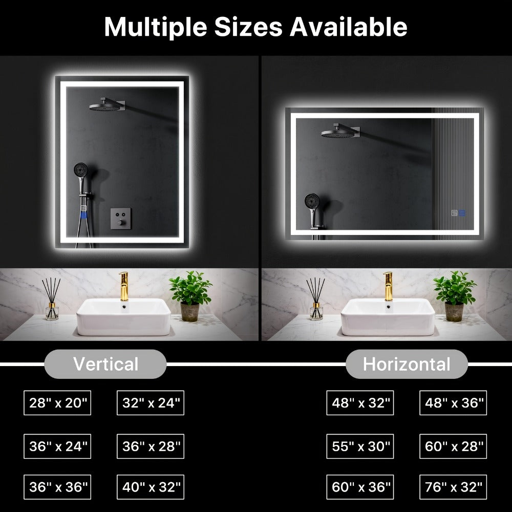 LED Bathroom Mirror 24x36 Inch with Front & Backlight Anti-Fog Dimmable, 3 Color Temperatures Memory Function Shatter-Proof Tempered Glass Vanity Wall Mirror Horizontal Vertical