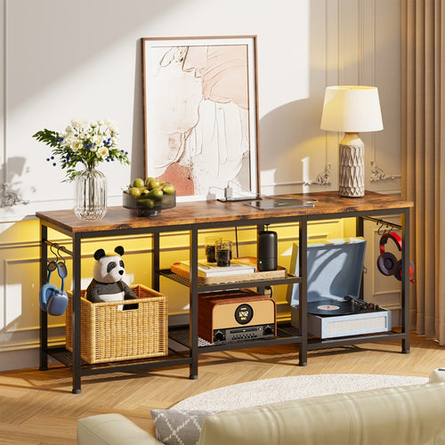 TV Stand with Charging Station and LED Lights, 55 Inch Entertainment Center with 4-Tier Open Storage Shelves, Living Room Bedroom Media Console Cabinet, Easy Assembly