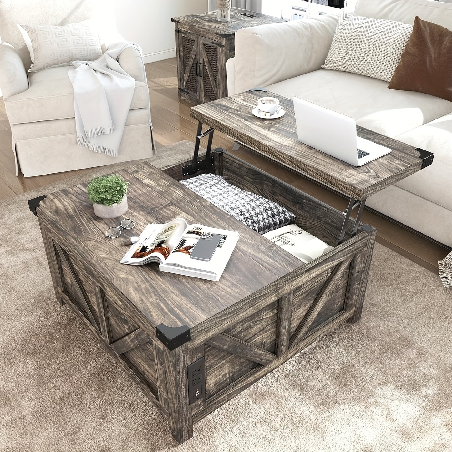 Farmhouse Lift Top Coffee Table with Storage, Wood Square Center Table with Charging Station&USB Ports, Living Room Central Table W/Large Hidden Space, for Living Room, Bedroom, Home Office
