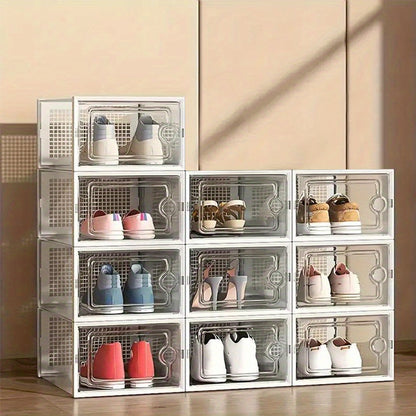6/10/12/24 Pack Shoe Storage Box, Clear Plastic Stackable Shoe Organizer for Closet, Space Saving Foldable Shoe Rack Sneaker Container Bin Holder