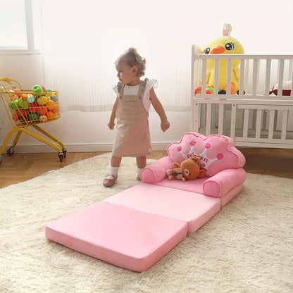 Kids Sofa Chair Foldable, 2-in-1 Toddler Couch Lounger, Pink Soft Plush Memory Foam Sofa with Pillow & Armrests, Machine Washable Cover, Comfy Kids Room Seating Perfect Holiday Gift