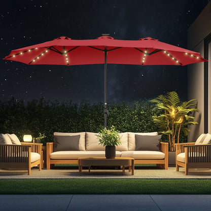 15 Ft Solar LED Patio Umbrella Double Sided with Base 48 LED Lights UPF50+ UV Protection 12-Rib Crank Handle for Lawn Garden Deck Pool 5 Colors