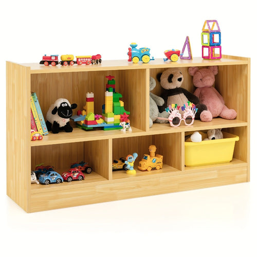 Beige Wood Storage Cabinet with 5 Cube Compartments and 2 Open Shelves Freestanding Bookcase Organizer for Living Room Bedroom Office