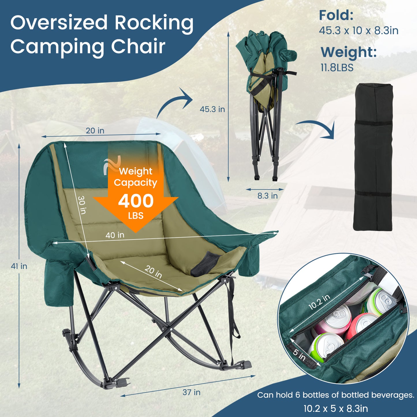 Oversized Rocking Camping Chair, Fully Padded Patio Chair with Cooler Bag and Side Pocket, High Back Portable Lawn Recliner Rocker Chairs for Camp, Patio, Supports 400 lbs