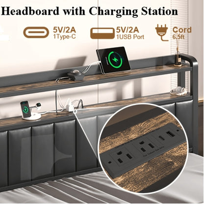 Metal Platform Bed with Starry Sky LED Lighting Storage Ottoman Upholstered Headboard Reinforced Legs Easy Assembly Bedroom Furniture