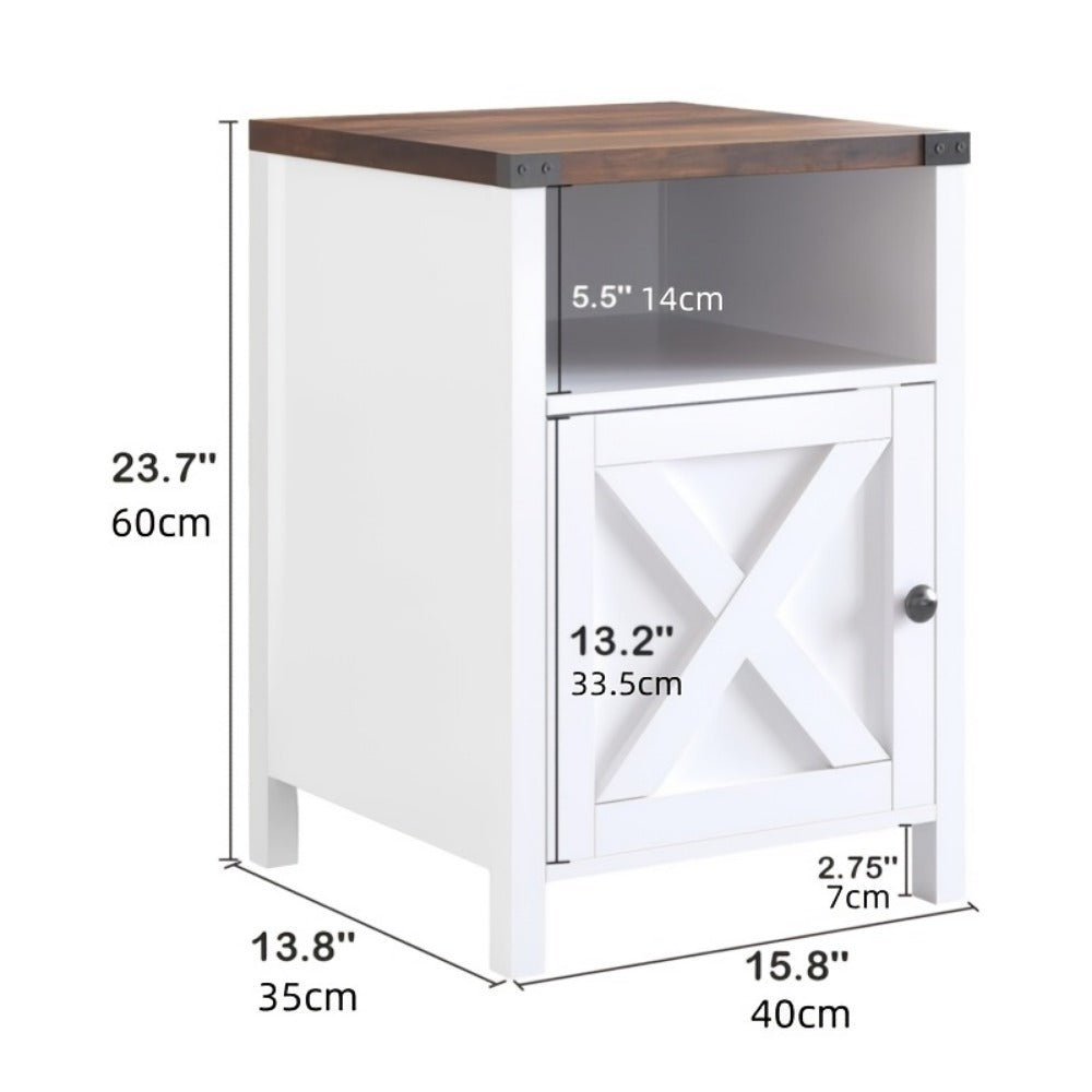 Farmhouse Nightstand with Barn Door & Shelf, Rustic Modern Bedside Table End Table for Bedroom Living Room Entryway, 23.7"x15.8" – Set of 1 or 2, Navy Blue Grey White Oak Black