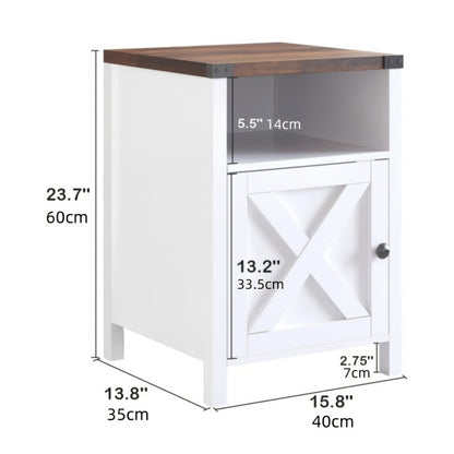 Farmhouse Nightstand with Barn Door & Shelf, Rustic Modern Bedside Table End Table for Bedroom Living Room Entryway, 23.7"x15.8" – Set of 1 or 2, Navy Blue Grey White Oak Black
