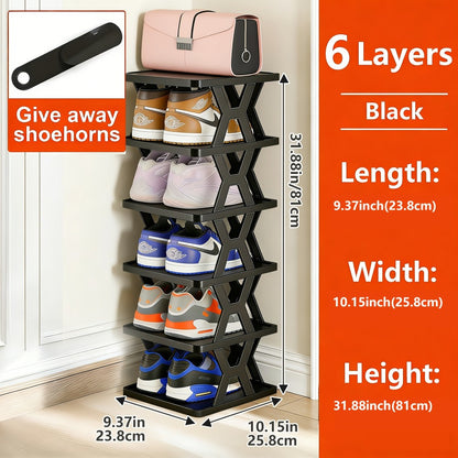 Stackable Shoe Organizer Rack 6 or 9 Tier Vertical Plastic Shoe Rack with Shoe Horn for Closet Hallway Entryway Bathroom Dorm Space Saving White Black