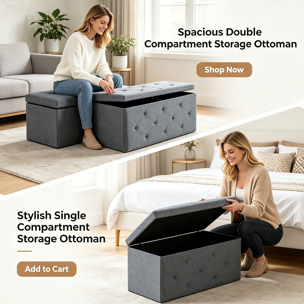 Folding Storage Ottoman Footstool Bench with Seat Cushion Waterproof Easy-Clean Surface, Heavy Duty Multifunctional Organizer for Living Room Bedroom Patio Garden, Medium Large Extra Large Grey