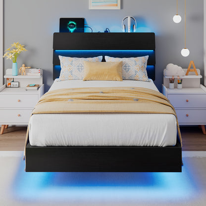 Valnase Floating Bed Frame with LED Lights, with Built-In Charging Station Storage Wooden Headboard, Heavy-Duty Metal Support, Easy Assembly
