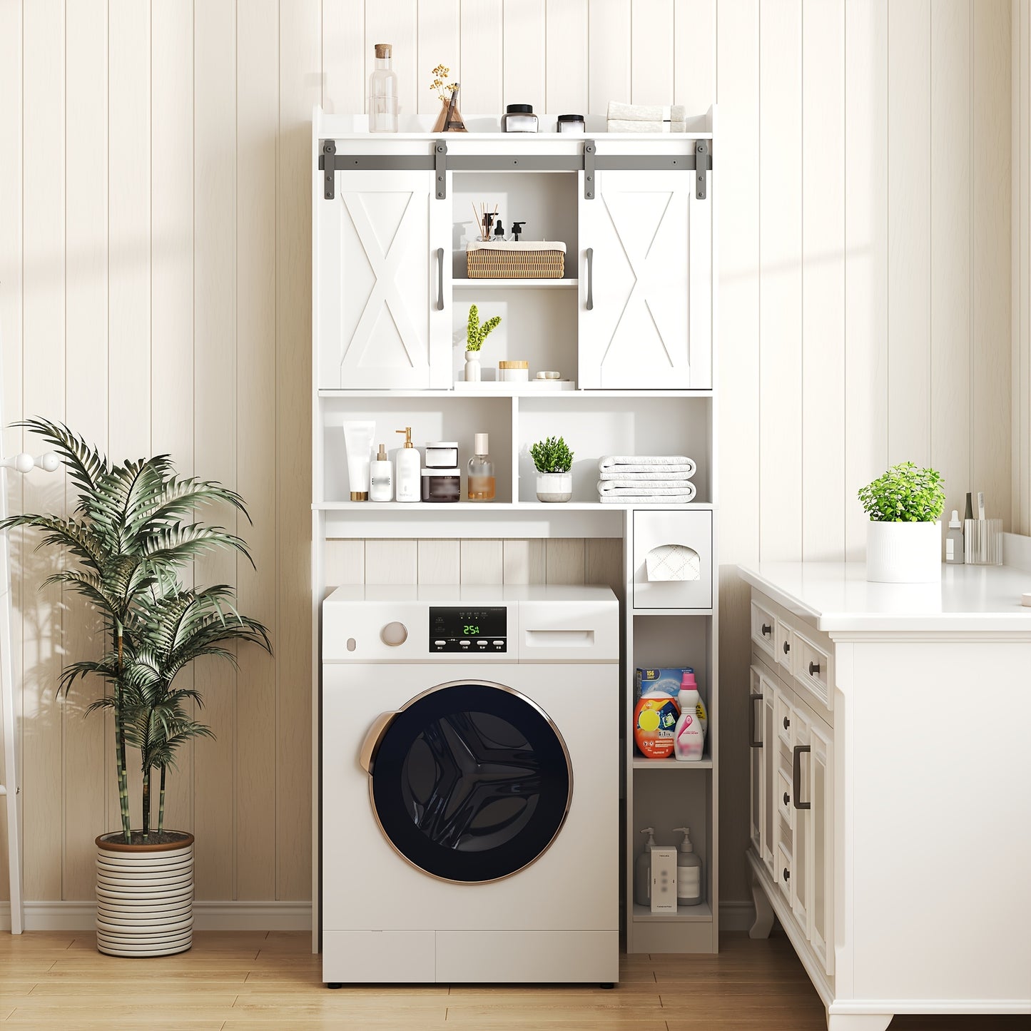 Over-The-Toilet Storage Cabinet with Toilet Paper Holder Stand - Space-Saving -Standing Bathroom Shelf, /Plywood Suitable for Bathroom, Restroom, Laundry Room, Modern with Assembly (No Wall-Mount)