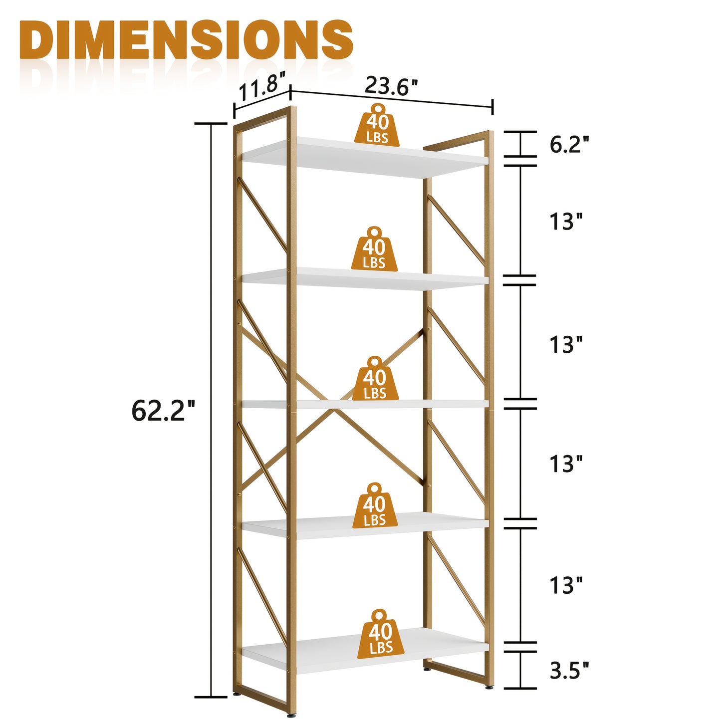 JY QAQA 5 Tiers Bookshelf, Classically Tall Bookcase Shelf, Industrial Book Rack, Modern Book Holder In Bedroom/ Living Room/ Home/ Office, White & Golden