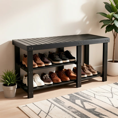 Shoe Rack Bench 3-Tier Wood with Boot Organizer & Seat, Freestanding Entryway Shoe Shelf Storage for Hallway Bedroom Balcony, 250 LB Capacity